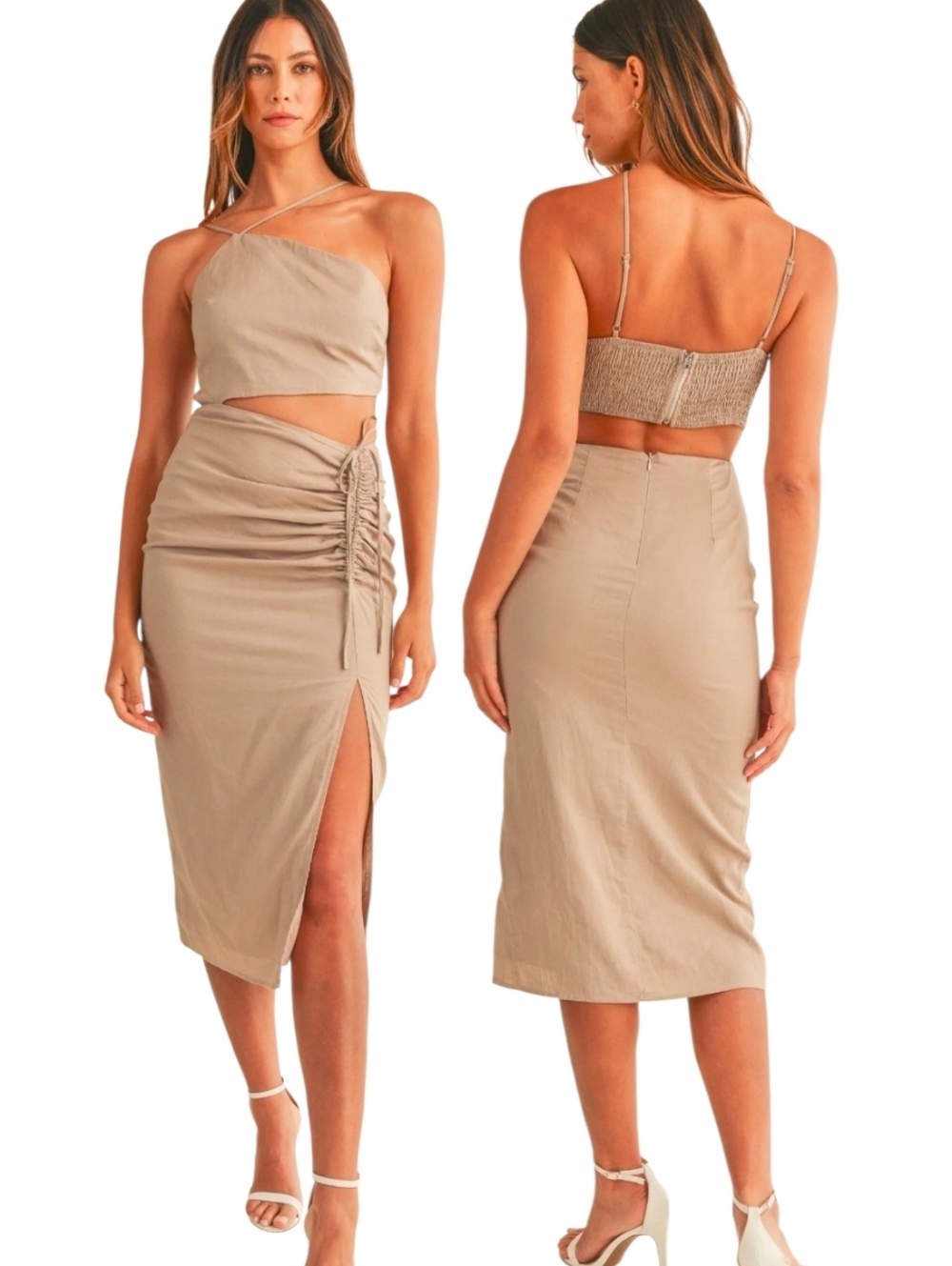 MABLE Annie Khaki Cut Out Ruched Midi Dress - Size S